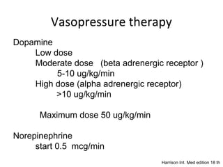 Vasopressure therapy
Dopamine
    Low dose
    Moderate dose (beta adrenergic receptor )
         5-10 ug/kg/min
    High dose (alpha adrenergic receptor)
         >10 ug/kg/min

      Maximum dose 50 ug/kg/min

Norepinephrine
     start 0.5 mcg/min
                                   Harrison Int. Med edition 18 th
 