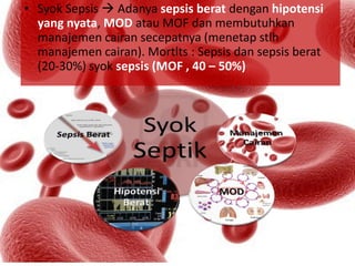 • Syok Sepsis  Adanya sepsis berat dengan hipotensi
yang nyata, MOD atau MOF dan membutuhkan
manajemen cairan secepatnya (menetap stlh
manajemen cairan). Mortlts : Sepsis dan sepsis berat
(20-30%) syok sepsis (MOF , 40 – 50%)
 