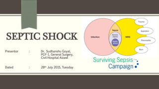 SEPTIC SHOCK
Presentor : Dr. Sudhanshu Goyal,
PGY-1, General Surgery,
Civil Hospital Aizawl
Dated : 28th July 2015, Tuesday
 