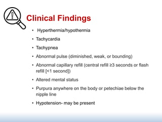 Clinical Findings
• Hyperthermia/hypothermia
• Tachycardia
• Tachypnea
• Abnormal pulse (diminished, weak, or bounding)
• Abnormal capillary refill (central refill ≥3 seconds or flash
refill [<1 second])
• Altered mental status
• Purpura anywhere on the body or petechiae below the
nipple line
• Hypotension- may be present
 