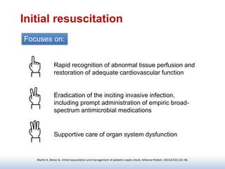 Initial resuscitation
Martin K, Weiss SL. Initial resuscitation and management of pediatric septic shock. Minerva Pediatr. 2015;67(2):141-58.
Focuses on:
Rapid recognition of abnormal tissue perfusion and
restoration of adequate cardiovascular function
Eradication of the inciting invasive infection,
including prompt administration of empiric broad-
spectrum antimicrobial medications
Supportive care of organ system dysfunction
 