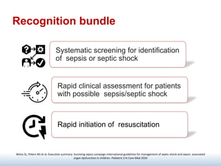Recognition bundle
Weiss SL, Peters MJ et al. Executive summary: Surviving sepsis campaign international guidelines for management of septic shock and sepsis- associated
organ dysfunction in children. Pediatric Crit Care Med 2020
Systematic screening for identification
of sepsis or septic shock
Rapid clinical assessment for patients
with possible sepsis/septic shock
Rapid initiation of resuscitation
 