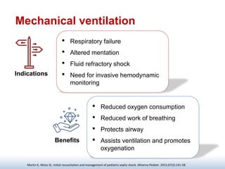 Mechanical ventilation
Indications
Benefits
Martin K, Weiss SL. Initial resuscitation and management of pediatric septic shock. Minerva Pediatr. 2015;67(2):141-58.
• Respiratory failure
• Altered mentation
• Fluid refractory shock
• Need for invasive hemodynamic
monitoring
• Reduced oxygen consumption
• Reduced work of breathing
• Protects airway
• Assists ventilation and promotes
oxygenation
 