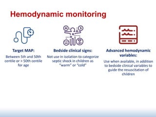 Hemodynamic monitoring
Target MAP:
Between 5th and 50th
centile or > 50th centile
for age
Bedside clinical signs:
Not use in isolation to categorize
septic shock in children as
“warm” or “cold”
Advanced hemodynamic
variables:
Use when available, in addition
to bedside clinical variables to
guide the resuscitation of
children
 