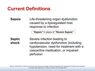 Current Definitions
Weiss SL, Peters MJ et al. Executive summary: Surviving sepsis campaign international guidelines for management of septic shock and sepsis-
associated organ dysfunction in children. Pediatric Crit Care Med 2020
Sepsis Life-threatening organ dysfunction
caused by a dysregulated host
response to infection
Septic
shock
Severe infection leading to
cardiovascular dysfunction (including
hypotension, need for treatment with a
vasoactive medication, or impaired
perfusion
“Sepsis” in place of “Severe Sepsis”
 