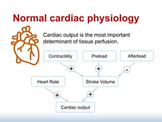 Normal cardiac physiology
Cardiac output is the most important
determinant of tissue perfusion.
Cardiac output
Preload
Contractility
Heart Rate Stroke Volume
Afterload
+ -
+
+
+
 