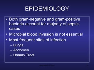 EPIDEMIOLOGY Both gram-negative and gram-positive bacteria account for majority of sepsis cases Microbial blood invasion is not essential Most frequent sites of infection Lungs Abdomen Urinary Tract 
