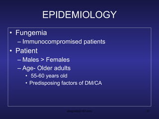 EPIDEMIOLOGY Fungemia Immunocompromised patients Patient Males > Females Age- Older adults 55-60 years old Predisposing factors of DM/CA 
