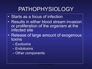 PATHOPHYSIOLOGY Starts as a focus of infection Results in either blood stream invasion or proliferation of the organism at the infected site Release of large amount of exogenous toxins Exotoxins Endotoxins Other components 