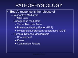 PATHOPHYSIOLOGY Body’s response is the release of Vasoactive Mediators Nitric Oxide Endogenous mediators Tumor Necrosis factor Platelet Activating Factor (PAF) Myocardial Depressant Substances (MDS) Humoral Defense Mechanisms Complement Kinins Coagulation Factors 