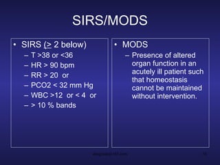 SIRS/MODS SIRS  (>  2 below) T >38 or <36 HR > 90 bpm RR > 20  or PCO2 < 32 mm Hg WBC >12  or < 4  or > 10 % bands MODS Presence of altered organ function in an acutely ill patient such that homeostasis cannot be maintained without intervention. 