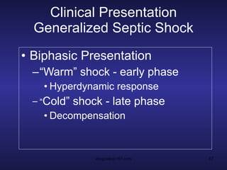 Clinical Presentation Generalized Septic Shock Biphasic Presentation “ Warm” shock - early phase Hyperdynamic response “ Cold” shock - late phase Decompensation 