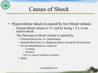 Causes of Shock Hypovolemic shock is caused by low blood volume. Normal blood volume is 5 L and by losing 1-2 L it can lead to shock. The Decrease in blood volume is caused by: External blood loss: ex. Hemorrhage Internal blood loss: ex. Ruptured spleen caused by blunt trauma. Severe dehydration as a result of: Vomiting Diarrhea This is a typical condition in cholera.  Burns 
