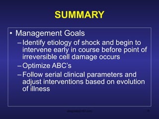 SUMMARY Management Goals Identify etiology of shock and begin to intervene early in course before point of irreversible cell damage occurs Optimize ABC’s Follow serial clinical parameters and adjust interventions based on evolution of illness 