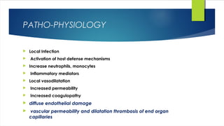 PATHO-PHYSIOLOGY
 Local Infection
 Activation of host defense mechanisms
 Increase neutrophils, monocytes
 Inflammatory mediators
 Local vasodilatation
 Increased permeability
 Increased coagulopathy
 diffuse endothelial damage
 vascular permeability and dilatation thrombosis of end organ
capillaries
 