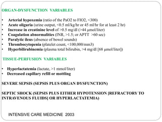 ORGAN-DYSFUNCTION VARIABLES
• Arterial hypoxemia (ratio of the PaO2 to FIO2, <300)
• Acute oliguria (urine output, <0.5 ml/kg/hr or 45 ml/hr for at least 2 hr)
• Increase in creatinine level of >0.5 mg/dl (>44 μmol/liter)
• Coagulation abnormalities (INR, >1.5; or APTT >60 sec)
• Paralytic ileus (absence of bowel sounds)
• Thrombocytopenia (platelet count, <100,000/mm3)
• Hyperbilirubinemia (plasma total bilirubin, >4 mg/dl [68 μmol/liter])
TISSUE-PERFUSION VARIABLES
• Hyperlactatemia (lactate, >1 mmol/liter)
• Decreased capillary refill or mottling
SEVERE SEPSIS (SEPSIS PLUS ORGAN DYSFUNCTION)
SEPTIC SHOCK (SEPSIS PLUS EITHER HYPOTENSION [REFRACTORY TO
INTRAVENOUS FLUIDS] OR HYPERLACTATEMIA)
INTENSIVE CARE MEDICINE 2003
 