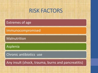 RISK FACTORS
Extremes of age
Immunocompromised
Malnutrition
Asplenia
Chronic antibiotics use
Any insult (shock, trauma, burns and pancreatitis)
 