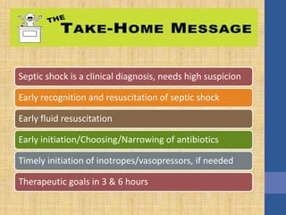 TAKE HOME MESSAGE
Septic shock is a clinical diagnosis, needs high suspicion
Early recognition and resuscitation of septic shock
Early fluid resuscitation
Early initiation/Choosing/Narrowing of antibiotics
Timely initiation of inotropes/vasopressors, if needed
Therapeutic goals in 3 & 6 hours
 