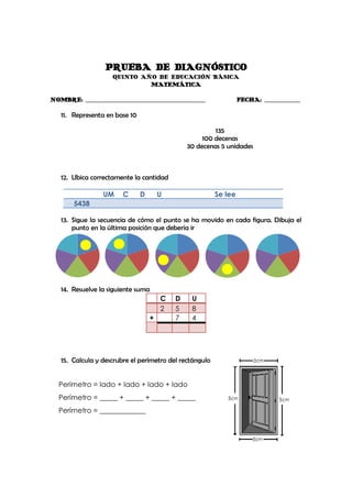 PRUEBA DE DIAGNÓSTICO
                      QUINTO AÑO DE EDUCACIÓN BÁSICA
                               MATEMÁTICA

NOMBRE: _______________________________________________            FECHA: ______________

   11. Representa en base 10

                                                         135
                                                     100 decenas
                                                30 decenas 5 unidades



   12. Ubica correctamente la cantidad

                  UM     C     D       U                  Se lee
        5438

   13. Sigue la secuencia de cómo el punto se ha movido en cada figura. Dibuja el
       punto en la última posición que debería ir




   14. Resuelve la siguiente suma
                                       C    D     U
                                       2    5     8
                                   +        7     4




   15. Calcula y descrubre el perímetro del rectángulo


  Perímetro = lado + lado + lado + lado
  Perímetro = _____ + _____ + _____ + _____
  Perímetro = _____________
 