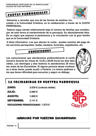 Volvemos a recordar que una de las formas de sentirse vin-
culado a la Comunidad Cristiana, es la colaboración a través de la CUOTA
PARROQUIAL.
Todavía sigue siendo relativamente bajo el número de familias que contribu-
yen de esta forma al mantenimiento de la parroquia. Es absolutamente libre.
Es un signo que expresa la pertenencia y la vinculación con la gran familia
que es la Comunidad Cristiana.
A título informativo: Los que abonen la cuota, quedan exentos del pago de
los servicios parroquiales: bodas, bautizos, funerales, expedientes, etc.
Cuotas parroquiales
LA SOLIDARIDAD EN NUESTRA PARROQUIA
JUNIO: 3.030 € (colecta doble)
JULIO: 2.000 €
AGOSTO: 1.600 €
SEPTIEMBRE: 3.117 €
VOCACIONES FRANCISCANAS: 1.075 €
¡GRACIAS POR VUESTRA SOLIDARIDAD!
PÁGINA 10
COMUNIDAD CRISTIANA DE LA INMACULADA
IGLESIA DE SAN ANTONIO
CONFESIONES
Les comunicamos que atenderemos preferentemente el confe-
sionario durante las misas de 12,30 y 20,00 horas los días labo-
rables. Los domingos y días festivos lo atenderemos 20 minu-
tos antes de las Eucaristías. Si alguna persona desea confesar-
se a otras horas, puede acudir a Portería. Lo mismo pedimos a
los que tienen dificultad para escuchar y seguir un diálogo.
 