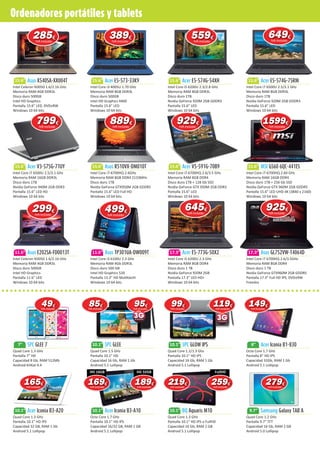 Ordenadores portátiles y tablets
15.6”
15.6”
11.6”
7” 10.1” 10.1” 8”
10.1” 10.1” 10.1” 9.7”
15.6”
15.6”
11.6”
15.6”
15.6”
17.3”
15.6”
15.6”
17.3”
285285€
IVA incluido
389389€
IVA incluido
799799€
IVA incluido
299299299€
IVA incluido
559559€
IVA incluido
929929€
IVA incluido
499499€
IVA incluido
649649€
IVA incluido
15991599€
IVA incluido
645645€
IVA incluido
Intel Celeron N3050 1.6/2.16 GHz
Memoria RAM 4GB DDR3L
Disco duro 500GB
Intel HD Graphics
Pantalla 15.6” LED, DVD±RW
Windows 10 64 bits
Intel Core i7 6500U 2.5/3.1 GHz
Memoria RAM 16GB DDR3L
Disco duro 1TB
Nvidia GeForce 940M 2GB DDR3
Pantalla 15.6” LED HD
Windows 10 64 bits
Intel Celeron N3050 1.6/2.16 GHz
Memoria RAM 4GB DDR3L
Disco duro 500GB
Intel HD Graphics
Pantalla 11.6” LED
Windows 10 64 bits
Quad Core 1.3 GHz
Pantalla 7” HD
Capacidad 8 Gb, RAM 512Mb
Android KitKat 4.4
Quad Core 1.5 GHz
Pantalla 10.1” HD
Capacidad 16 Gb, RAM 1 Gb
Android 5.1 Lollipop
Quad Core 1.2/1.3 Ghz
Pantalla 10.1” HD IPS
Capacidad 16 Gb, RAM 1 Gb
Android 5.1 Lollipop
Octa Core 1.7 GHz
Pantalla 8” HD IPS
Capacidad 32Gb, RAM 1 Gb
Android 5.1 Lollipop
Quad Core 1.3 GHz
Pantalla 10.1” HD IPS
Capacidad 32 GB, RAM 1 Gb
Android 5.1 Lollipop
Octa Core 1.7 GHz
Pantalla 10.1” HD IPS
Capacidad 16/32 GB, RAM 1 GB
Android 5.1 Lollipop
Quad Core 1.3 GHz
Pantalla 10.1” HD IPS o FullHD
Capacidad 16 Gb, RAM 2 GB
Android 5.1 Lollipop
Quad Core 1.2 GHz
Pantalla 9.7” TFT
Capacidad 16 Gb, RAM 2 GB
Android 5.0 Lollipop
Intel Core i3 4005U 1.70 GHz
Memoria RAM 8GB DDR3L
Disco duro 500GB
Intel HD Graphics 4400
Pantalla 15.6” LED
Windows 10 64 bits
Intel Core i7-6700HQ 2.6GHz
Memoria RAM 8GB DDR4 2133MHz
Disco duro 1TB
Nvidia GeForce GTX950M 2GB GDDR5
Pantalla 15.6” LED Full HD
Windows 10 64 bits
Intel Core i3 6100U 2.3 GHz
Memoria RAM 4Gb DDR3L
Disco duro 500 GB
Intel HD Graphics 520
Pantalla 13.3” HD Multitáctil
Windows 10 64 bits
Intel Core i5 6200U 2.3/2.8 GHz
Memoria RAM 8GB DDR3L
Disco duro 1TB
Nvidia GeForce 920M 2GB GDDR3
Pantalla 15.6” LED
Windows 10 64 bits
Intel Core i7-6700HQ 2.6/3.5 GHz
Memoria RAM 8GB DDR4
Disco duro 1TB + 128 Gb SSD
Nvidia GeForce GTX 950M 2GB DDR3
Pantalla 15.6” LED
Windows 10 64 bits
Intel Core i5 6200U 2.3 GHz
Memoria RAM 8GB DDR4
Disco duro 1 TB
Nvidia GeForce 920M 2GB
Pantalla 17.3” LED HD+
Windows 10 64 bits
Intel Core i7 6500U 2.5/3.1 GHz
Memoria RAM 8GB DDR3L
Disco duro 1TB
Nvidia GeForce 920M 2GB GDDR3
Pantalla 15.6” LED
Windows 10 64 bits
Intel Core i7-6700HQ 2.60 GHz
Memoria RAM 16GB DDR4
Disco duro 1TB + 256 Gb SSD
Nvidia GeForce GTX 960M 2GB GDDR5
Pantalla 15.6” LED UHD 4K (3840 x 2160)
Windows 10 64 bits
Intel Core i7 6700HQ 2.6/3.5GHz
Memoria RAM 8GB DDR4
Disco duro 1 TB
Nvidia GeForce GTX960M 2GB GDDR5
Pantalla 17.3” Full HD IPS, DVD±RW
Freedos
Asus X540SA-XX004T
Acer V3-575G-71UY
Asus E202SA-FD0013T
SPC GLEE 7 SPC GLEE SPC GLOW IPS Acer Iconia B1-830
Acer Iconia B3-A20 Acer Iconia B3-A10 BQ Aquaris M10 Samsung Galaxy TAB A
Acer E5-573-33K9
Asus R510VX-DM010T
Asus TP301UA-DW009T
Acer E5-574G-54XH
Acer V5-591G-70B9
Acer E5-773G-50X2
Acer E5-574G-75RM
MSI GS60 6QC-441ES
Asus GL752VW-T4064D
10.1” Acer Iconia B3-A20 Acer Iconia B3-A10
Windows 10 64 bits
889889€
IVA incluido
119119€
IVA incluidoIVA incluido
494949€
IVA incluido
8585€
IVA incluido
9999€
IVA incluido
959595€
IVA incluidoIVA incluidoIVA incluidoIVA incluidoIVA incluido
149149149€
IVA incluido
165165€
IVA incluido
169169169€
IVA incluido
HD 16GB
189189189€
IVA incluido
HD 32GB
219219€
IVA incluido
259259259€
IVA incluido
FullHD
925925€
IVA incluido
279279€
IVA incluido
 
