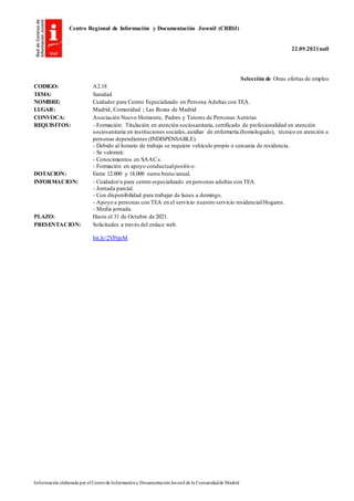 Centro Regional de Información y Documentación Juvenil (CRIDJ)
22.09.2021null
Información elaborada por el Centrode Informacióny DocumentaciónJuvenil de la Comunidadde Madrid
Selección de Otras ofertas de empleo
CODIGO: A2.18
TEMA: Sanidad
NOMBRE: Cuidador para Centro Especializado en Persona Adultas con TEA.
LUGAR: Madrid, Comunidad ; Las Rozas de Madrid
CONVOCA: Asociación Nuevo Horizonte, Padres y Tutores de Personas Autistas
REQUISITOS: - Formación: Titulación en atención sociosanitaria, certificado de profesionalidad en atención
sociosanitaria en instituciones sociales,auxiliar de enfermería.(homologado), técnico en atención a
personas dependientes (INDISPENSABLE).
- Debido al horario de trabajo se requiere vehículo propio o cercanía de residencia.
- Se valorará:
- Conocimientos en SAAC.s.
- Formación en apoyo conductualpositivo.
DOTACION: Entre 12.000 y 18.000 euros bruto/anual.
INFORMACION: - Cuidador/a para centro especializado en personas adultas con TEA.
- Jornada parcial.
- Con disponibilidad para trabajar de lunes a domingo.
- Apoyo a personas con TEA en el servicio nuestro servicio residencial/Hogares.
- Media jornada.
PLAZO: Hasta el 31 de Octubre de 2021.
PRESENTACION: Solicitudes a través del enlace web.
bit.ly/2VPrjnM
 