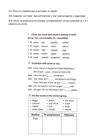 1. Encerrar la palabra que no pertenece al renglón.
2. Completar con “some” (para afirmativos) o “any” (para preguntas y...