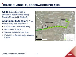 11
ROUTE CHANGE: 2L CROSSWOODS/POLARIS
Goal: Extend service to
additional destinations along
Polaris Pkwy. & N. State St.
Alignment Extension: From
Polaris Pkwy. and Africa Rd. –
• Continue east on Polaris Pkwy.
• North on N. State St.
• West on Polaris Woods Blvd.
• End of Line: East of Meijer Garden
Center
 