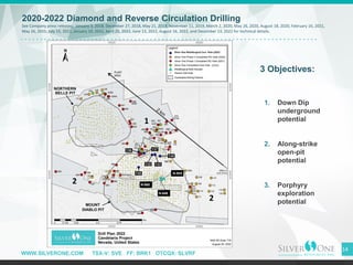 WWW.SILVERONE.COM TSX-V: SVE FF: BRK1 OTCQX: SLVRF
2020-2022 Diamond and Reverse Circulation Drilling
See Company press releases: January 3, 2018, December 27, 2018, May 21, 2019, November 11, 2019, March 2, 2020, May 26, 2020, August 18, 2020, February 16, 2021,
May 26, 2021, July 15, 2021, January 10, 2022, April 25, 2022, June 13, 2022, August 16, 2022, and December 13, 2022 for technical details.
14
3 Objectives:
1. Down Dip
underground
potential
2. Along-strike
open-pit
potential
3. Porphyry
exploration
potential
1
2
2
 