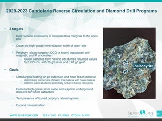 WWW.SILVERONE.COM TSX-V: SVE FF: BRK1 OTCQX: SLVRF
▪ 3 targets
• Near surface extensions to mineralization marginal to the open-
pits
• Down-dip high-grade mineralization north of open-pits
• Porphyry related targets (IOCG or skarn) associated with
magnetic and IP anomalies
– Select samples from historic adit dumps returned values
to 2.76% Cu with 25 g/t silver and 0.67 g/t gold
▪ Goals
• Metallurgical testing on pit extension and heap leach material
– determining economics of mixing this material with heap material
– Chlorine wash studies to potentially further enhance recoveries
• Potential high-grade silver oxide and sulphide underground
resource for future extraction
• Test presence of buried porphyry related system
• Expand mineralization
2020-2023 Candelaria Reverse Circulation and Diamond Drill Programs
18
Chalcopyrite
 
