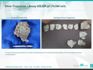 WWW.SILVERONE.COM TSX-V: SVE FF: BRK1 OTCQX: SLVRF
22
• The above lab assay and photos are of select samples that are not necessarily representative of the mineralization hosted
on the property.
Silver Fragments – Assay 459,000 g/t (14,688 oz/t)
Fragment with Pen Multiple Silver Fragments
 
