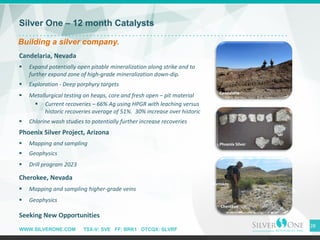 WWW.SILVERONE.COM TSX-V: SVE FF: BRK1 OTCQX: SLVRF
28
Silver One – 12 month Catalysts
Building a silver company.
Candelaria, Nevada
▪ Expand potentially open pitable mineralization along strike and to
further expand zone of high-grade mineralization down-dip.
▪ Exploration - Deep porphyry targets
▪ Metallurgical testing on heaps, core and fresh open – pit material
▪ Current recoveries – 66% Ag using HPGR with leaching versus
historic recoveries average of 51%. 30% increase over historic
▪ Chlorine wash studies to potentially further increase recoveries
Phoenix Silver Project, Arizona
▪ Mapping and sampling
▪ Geophysics
▪ Drill program 2023
Cherokee, Nevada
▪ Mapping and sampling higher-grade veins
▪ Geophysics
Seeking New Opportunities
Candelaria
Cherokee
Phoenix Silver
Cherokee
 