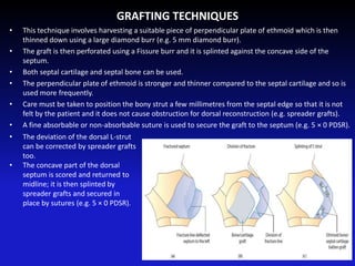 GRAFTING TECHNIQUES
• This technique involves harvesting a suitable piece of perpendicular plate of ethmoid which is then
thinned down using a large diamond burr (e.g. 5 mm diamond burr).
• The graft is then perforated using a Fissure burr and it is splinted against the concave side of the
septum.
• Both septal cartilage and septal bone can be used.
• The perpendicular plate of ethmoid is stronger and thinner compared to the septal cartilage and so is
used more frequently.
• Care must be taken to position the bony strut a few millimetres from the septal edge so that it is not
felt by the patient and it does not cause obstruction for dorsal reconstruction (e.g. spreader grafts).
• A fine absorbable or non-absorbable suture is used to secure the graft to the septum (e.g. 5 × 0 PDSR).
• The deviation of the dorsal L-strut
can be corrected by spreader grafts
too.
• The concave part of the dorsal
septum is scored and returned to
midline; it is then splinted by
spreader grafts and secured in
place by sutures (e.g. 5 × 0 PDSR).
 