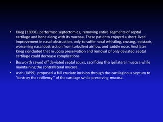 • Krieg (1890s), performed septectomies, removing entire segments of septal
cartilage and bone along with its mucosa. These patients enjoyed a short-lived
improvement in nasal obstruction, only to suffer nasal whistling, crustng, epistaxis,
worsening nasal obstruction from turbulent airflow, and saddle nose. And later
Krieg concluded that mucosa preservation and removal of only deviated septal
cartilage could decrease complications.
• Bosworth sawed off deviated septal spurs, sacrificing the ipsilateral mucosa while
maintaining the contralateral mucosa.
• Asch (1899) proposed a full cruciate incision through the cartilaginous septum to
“destroy the resiliency” of the cartilage while preserving mucosa.
 