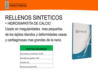 Universidad Nacional
Federico Villarreal
RELLENOS SINTETICOS
• HIDROXIAPATITA DE CALCIO
Usado en irregularidades mas pequeñas
de los tejidos blandos y deformidades oseas
y cartilaginosas mas grandes de la nariz.
EFECTOS ADVERSOS
Hinnchazon y eritemas 17.6%
Hematomas graves 2.4%
Celulitis 2%
Necrosis de piel 0.7%
 