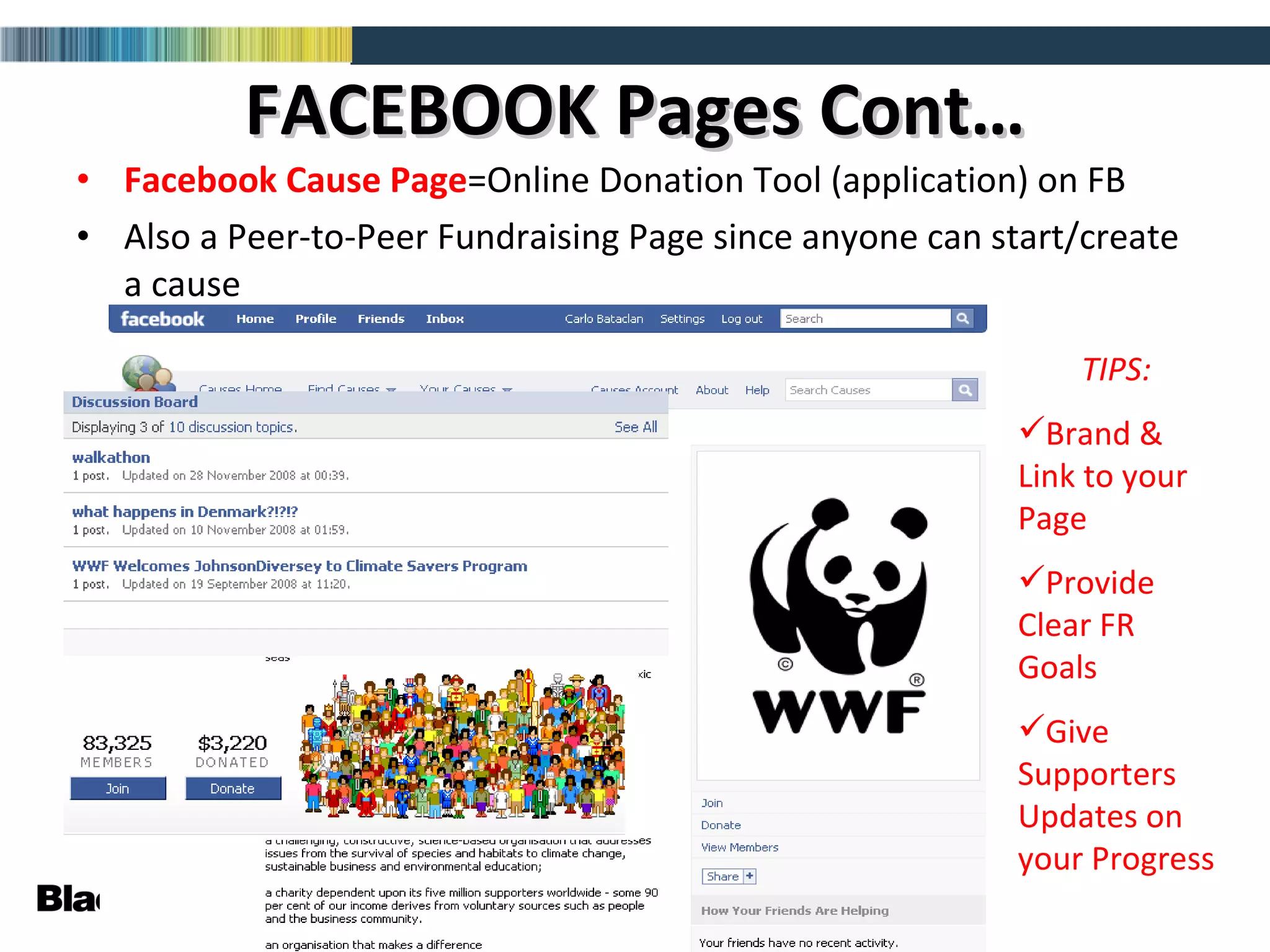 FACEBOOK Pages Cont… Facebook Cause   Page =Online Donation Tool (application) on FB Also a Peer-to-Peer Fundraising Page since anyone can start/create a cause TIPS: Brand & Link to your Page Provide Clear FR Goals Give Supporters Updates on your Progress 