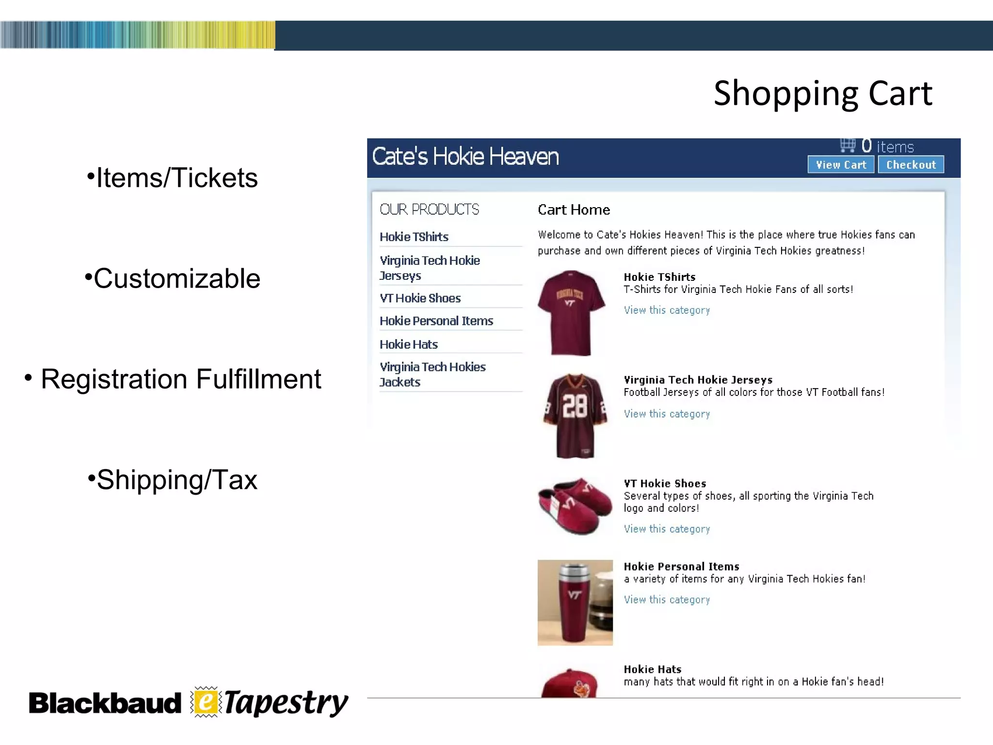 Shopping Cart Items/Tickets Customizable Registration Fulfillment Shipping/Tax 