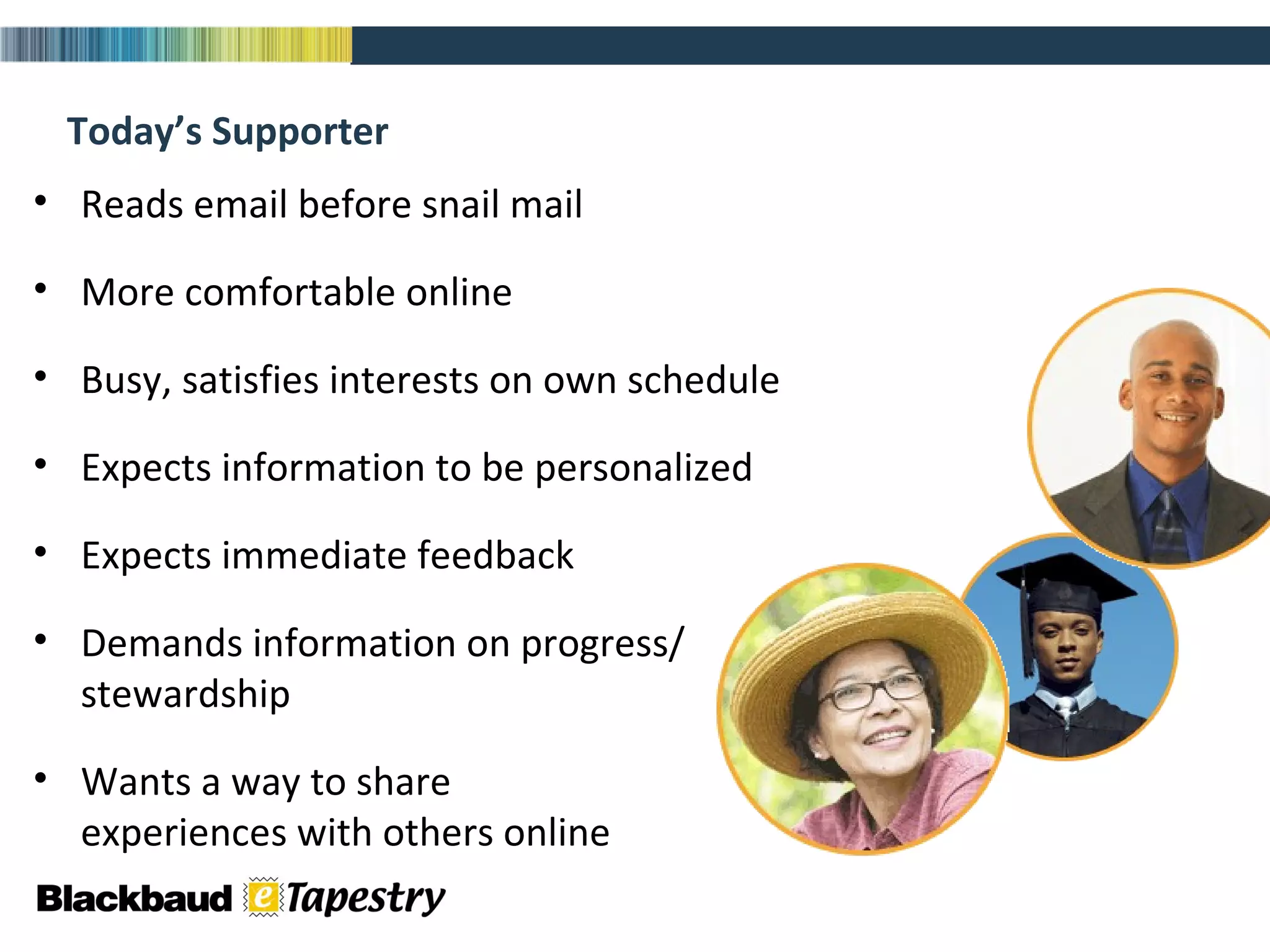 Reads email before snail mail More comfortable online Busy, satisfies interests on own schedule Expects information to be personalized Expects immediate feedback Demands information on progress/ stewardship Wants a way to share  experiences with others online Today’s Supporter 