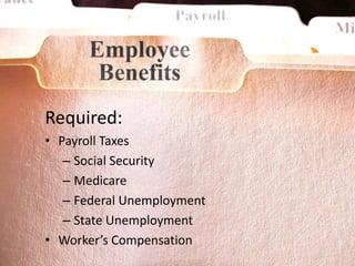 Required: 
• Payroll Taxes 
– Social Security 
– Medicare 
– Federal Unemployment 
– State Unemployment 
• Worker’s Compensation 
 