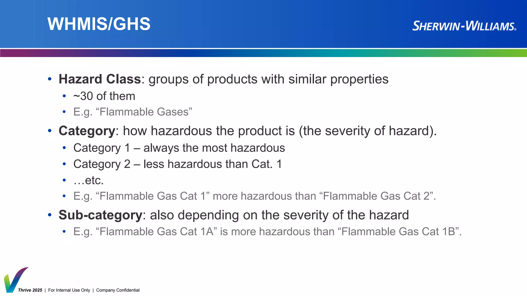 Thrive 2025 | For Internal Use Only | Company Confidential
WHMIS/GHS
• Hazard Class: groups of products with similar properties
• ~30 of them
• E.g. “Flammable Gases”
• Category: how hazardous the product is (the severity of hazard).
• Category 1 – always the most hazardous
• Category 2 – less hazardous than Cat. 1
• …etc.
• E.g. “Flammable Gas Cat 1” more hazardous than “Flammable Gas Cat 2”.
• Sub-category: also depending on the severity of the hazard
• E.g. “Flammable Gas Cat 1A” is more hazardous than “Flammable Gas Cat 1B”.
 