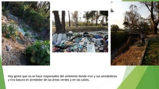 Hay gente que no se hace responsable del ambiente donde vive y sus alrededores
y tira basura en alrededor de las áreas verdes y en las calles.
 