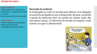 ESTUDO DE CASO 4
Descrição do acidente
O empregado ao subir na escada para efetuar uma religação
no postinho (pingadeira) veio a desprender da base, causando
a queda do eletricista bem no portão do cliente, onde 180
este possui lanças. O eletricista foi levado ao hospital, onde
ocorreu cirurgia e o afastamento.
Causas imediatas
• Não inspecionar o postinho do
cliente (Obs.: o acidente teve início
no corte);
Base do postinho do cliente podre.
Causas básicas
• Não cumprimento dos padrões
de execução da tarefa;
• Desgaste natural do postinho
 
