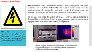 COMBATE À INCÊNDIO
A eletricidade é a mais comum e onerosa das fontes de ignição de incêndio e
explosões em indústrias. Entretanto, ela é, ao mesmo tempo, vital ao
funcionamento da instalação industrial maquinário/equipamento de
produção, iluminação, dispositivos de controle, computadores, etc).
Ao prevenir incêndios de origem elétrica, a empresa estará evitando a
desagradável possibilidade de ter de reprogramar os recursos para reparar
equipamentos avariados e a reconstrução de prédios.
O DESAFIO
Incêndios causados por
eletricidade normalmente
ocorrem por sobreaquecimento
ou formação de arco elétrico.
Foto: A imagem, situação dos disjuntores , no estado normal. A
imagem termográfica do lado direito, detecta aquecimento
acima do normal dos disjuntores.
 