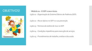 OBJETIVOS!  Módulo 01 - O SEP e seus riscos.
Lição 01 - Organização do Sistema Elétrico de Potência (SEP).
Lição 02 - Riscos típicos no SEP e a sua prevenção.
Lição 03 -Técnicas de análise de risco no SEP.
Lição 04 - Condições impeditivas para execução de serviços.
Lição 05 - Procedimentos de trabalho; análise e discussão.
 