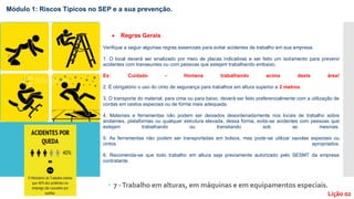  7 -Trabalho em alturas, em máquinas e em equipamentos especiais.
Lição 02
Módulo 1: Riscos Típicos no SEP e a sua prevenção.
 Regras Gerais
Verifique a seguir algumas regras essenciais para evitar acidentes de trabalho em sua empresa.
1. O local deverá ser sinalizado por meio de placas indicativas e ser feito um isolamento para prevenir
acidentes com transeuntes ou com pessoas que estejam trabalhando embaixo.
Ex: Cuidado - Homens trabalhando acima desta área!
2. É obrigatório o uso do cinto de segurança para trabalhos em altura superior a 2 metros.
3. O transporte do material, para cima ou para baixo, deverá ser feito preferencialmente com a utilização de
cordas em cestos especiais ou de forma mais adequada.
4. Materiais e ferramentas não podem ser deixados desordenadamente nos locais de trabalho sobre
andaimes, plataformas ou qualquer estrutura elevada, dessa forma, evita-se acidentes com pessoas que
estejam trabalhando ou transitando sob as mesmas.
5. As ferramentas não podem ser transportadas em bolsos, mas pode-se utilizar sacolas especiais ou
cintos apropriados.
6. Recomenda-se que todo trabalho em altura seja previamente autorizado pelo SESMT da empresa
contratante.
 