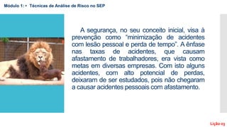 A segurança, no seu conceito inicial, visa à
prevenção como “minimização de acidentes
com lesão pessoal e perda de tempo”. A ênfase
nas taxas de acidentes, que causam
afastamento de trabalhadores, era vista como
metas em diversas empresas. Com isto alguns
acidentes, com alto potencial de perdas,
deixaram de ser estudados, pois não chegaram
a causar acidentes pessoais com afastamento.
Módulo 1: • Técnicas de Análise de Risco no SEP
Lição 03
 