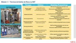 Módulo 1: • Técnicas de Análise de Risco no SEP
Lição 03
DISTRIBUIÇÃO
Perigos Efeitos Medidas Preventivas
Pontos / partes
energizadas
Choque elétrico com
queimaduras, contração
muscular/fibrilação ventricular.
- Não tocar nas estruturas e nem fazer o seu
escalamento
- Não levantar peças metálicas de grande dimensão
debaixo de linhas.
- Usar bota.
Acidente de trânsito Lesões leves ou graves
- Direção defensiva;
- Sinalização da área de localização de muncks e outros
veículos;
- Sinalização adequada da área de trabalho.
Animais peçonhentos Envenenamento.
- Usar botas de cano médio
- Permanecer alerta para o perigo na existência de
vegetação.
Desnível acentuado da
estrada de acesso.
Queda com possibilidade de
lesões leves ou graves
- Observar a existência de grandes buracos no acesso
Descarga atmosférica Lesões graves
- Não ficar debaixo de árvores e nem nas suas
proximidades
- Permanecer debaixo da linha ou deitado no solo.
Poda de árvores com
tombamento no sentido
das linhas de distribuição
Lesões leves ou graves quando
da ocorrência de arcos
elétricos.
- Solicitar instrução à profissional especializado.
Parte inferior das
estruturas.
Pancada na cabeça com lesões
leves ou graves
- Utilizar capacete nos trabalhos na região das
estruturas.
Aproximação de cabos
energizados.
Choque elétrico podendo
provocar lesões leves ou
graves
- Manter a distância de segurança na utilização de
máquinas, caminhões (caçambas / munks).
 