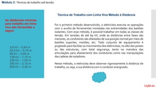 Módulo 3: Técnicas de trabalho sob tensão.
Lição 01
Foi o primeiro método desenvolvido, o eletricista executa as operações
com o auxílio de ferramentas montadas nas extremidades dos bastões
isolantes. Com esse método, é possível trabalhar em todas as classes de
tensão. Em tensões de até 69 kV, onde as distâncias entre fases são
menores, os condutores são afastados de sua posição normal por meio de
bastões suportes, moitões, etc. Todo conjunto de equipamento é
projetado para facilitar os movimentos dos eletricistas, no alto dos postes
ou das estruturas, com total segurança, tanto na manobra das
articulações para afastamento dos condutores como nas manipulações
das cadeias de isoladores.
Nesse método, o eletricista deve observar rigorosamente à distância de
trabalho, ou seja, a sua distância com o condutor energizado.
Técnica de Trabalho com Linha Viva Método à Distância
3,8 kV – 0,64 m
34,5 kV – 0,75 m
69 kV – 0,95 m
138 kV – 1,10 m
230 kV – 1,55 m
345 kV – 2,15 m
500 kV – 3,40 m
As distâncias mínimas
para trabalho em linha
viva são fornecidas a
seguir.
 