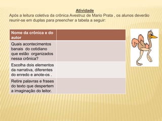 Atividade
Após a leitura coletiva da crônica Avestruz de Mario Prata , os alunos deverão
reunir-se em duplas para preencher a tabela a seguir:
Nome da crônica e do
autor
Quais acontecimentos
banais do cotidiano
que estão organizados
nessa crônica?
Escolha dois elementos
da narrativa, diferentes
do enredo e anote-os .
Retire palavras e frases
do texto que despertem
a imaginação do leitor.
 