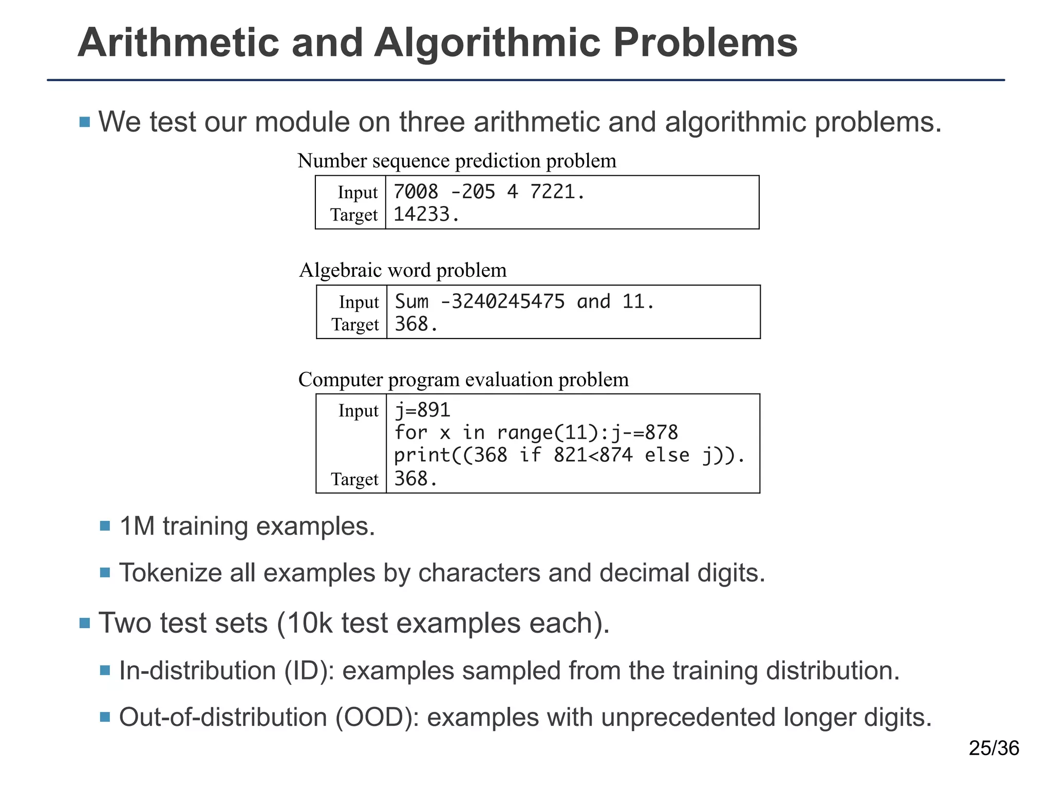Arithmetic and Algorithmic Problems
¡ We test our module on three arithmetic and algorithmic problems.
¡ 1M training examples.
¡ Tokenize all examples by characters and decimal digits.
¡ Two test sets (10k test examples each).
¡ In-distribution (ID): examples sampled from the training distribution.
¡ Out-of-distribution (OOD): examples with unprecedented longer digits.
25/36
Number sequence prediction problem
Computer program evaluation problem
Algebraic word problem
Input
Target
7008 -205 4 7221.
14233.
Input
Target
j=891
for x in range(11):j-=878
print((368 if 821<874 else j)).
368.
Input
Target
Sum -3240245475 and 11.
368.
Number sequence prediction problem
Computer program evaluation problem
Algebraic word problem
Input
Target
7008 -205 4 7221.
14233.
Input
Target
j=891
for x in range(11):j-=878
print((368 if 821<874 else j)).
368.
Input
Target
Sum -3240245475 and 11.
368.
Number sequence prediction problem
Computer program evaluation problem
Algebraic word problem
Input
Target
7008 -205 4 7221.
14233.
Input
Target
j=891
for x in range(11):j-=878
print((368 if 821<874 else j)).
368.
Input
Target
Sum -3240245475 and 11.
368.
 